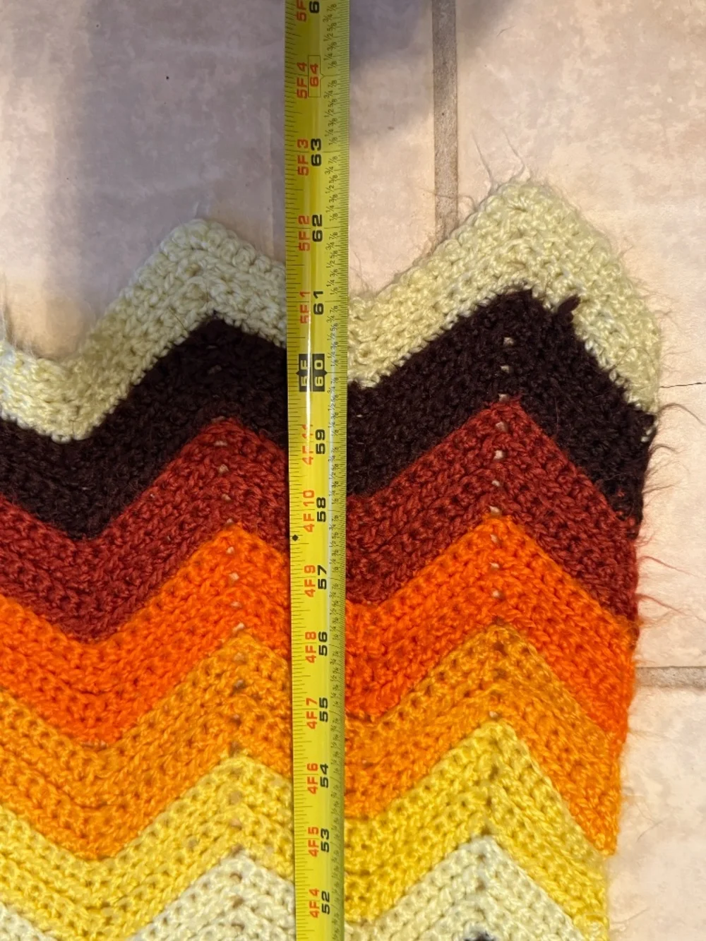 Vintage Handmade Crochet Afghan Blanket Sunset Earth Tone Chevron Zig Zag Large